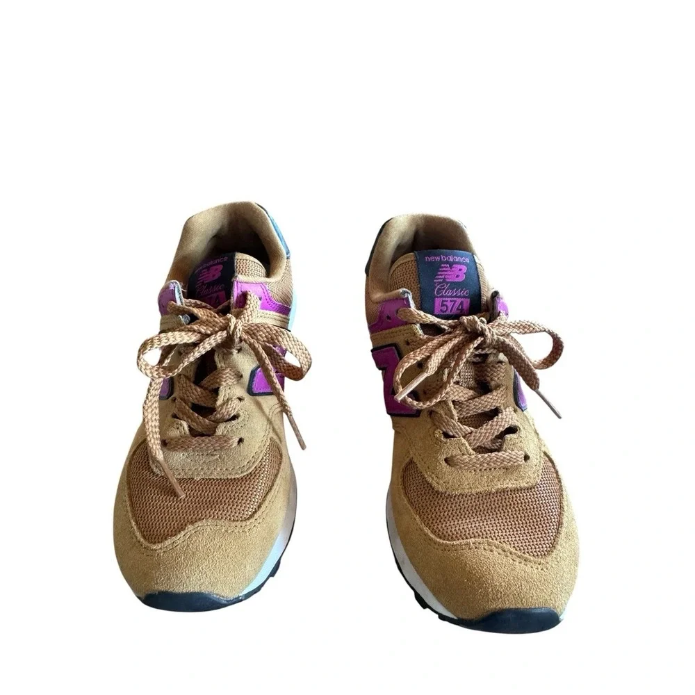 New Balance 574 Women's Workwear Jewel Size 6 Sneakers Tan Suede‎ Purple Accents